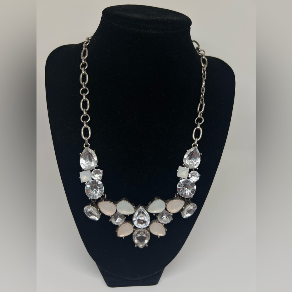 Loft Statement Necklace Pink White Crystal Rhinestones 7.5” Drop 2” Exte…